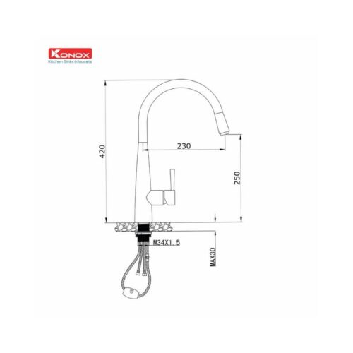 Vòi rửa bát dây rút Konox Reno 2 Thiết kế của Vòi rửa bát dây rút Konox Reno